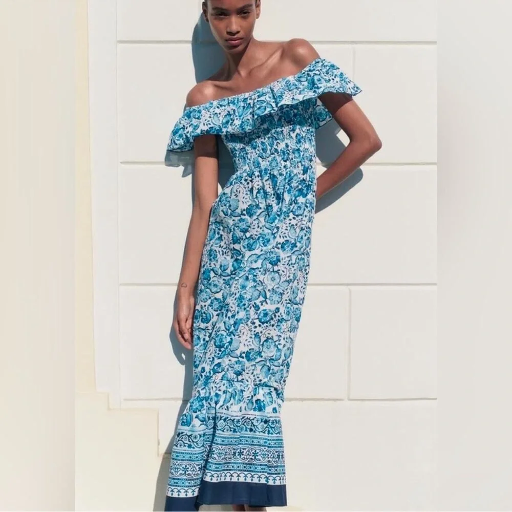ZARA FLORAL PRINT OFF THE SHOULDER DRESS - Picture 10 of 12